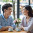 A young man and woman smiling and looking at each other while sitting at a café table with coffee cups and flowers.