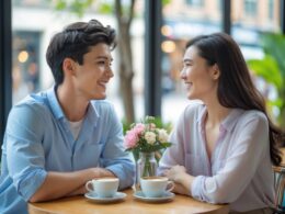 A young man and woman smiling and looking at each other while sitting at a café table with coffee cups and flowers.