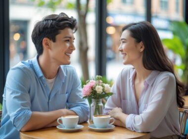 A young man and woman smiling and looking at each other while sitting at a café table with coffee cups and flowers.