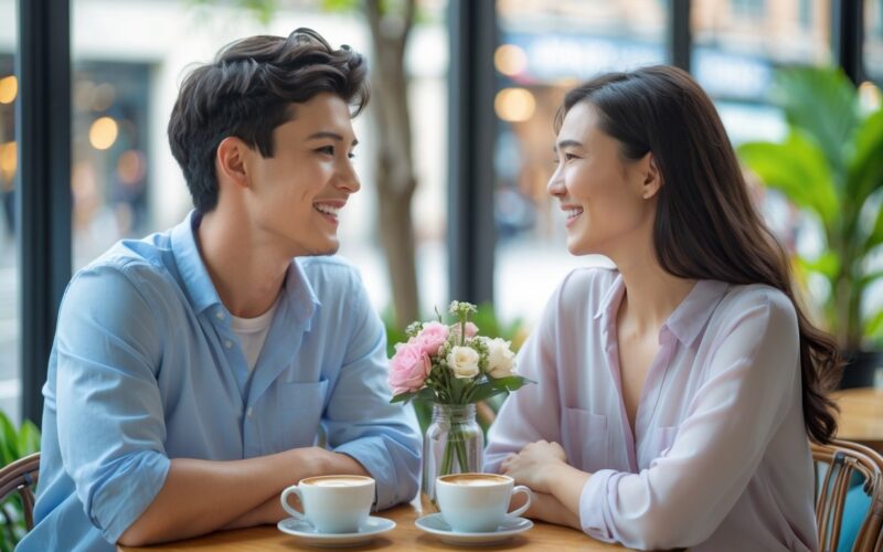 A young man and woman smiling and looking at each other while sitting at a café table with coffee cups and flowers.