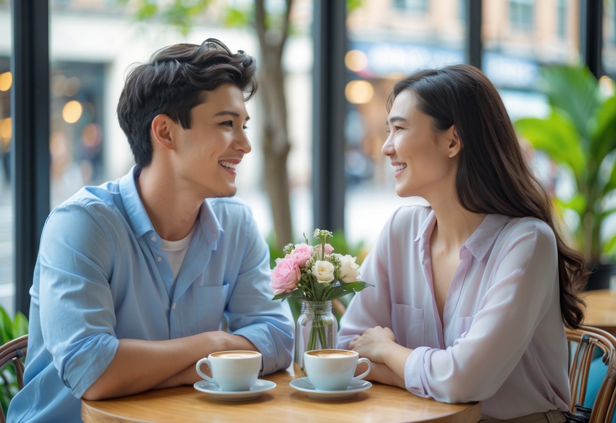 A young man and woman smiling and looking at each other while sitting at a café table with coffee cups and flowers.