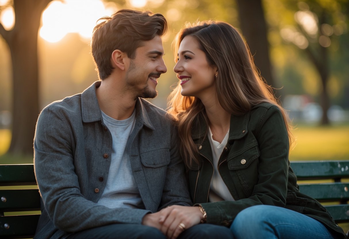 A man and a woman sitting closely on a park bench, smiling and looking into each other's eyes with a background of trees and sunlight.