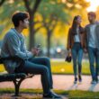 A young adult sitting alone on a park bench looking thoughtful while a happy couple walks together in the background.