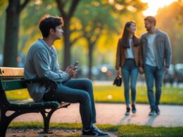 A young adult sitting alone on a park bench looking thoughtful while a happy couple walks together in the background.