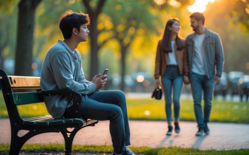 A young adult sitting alone on a park bench looking thoughtful while a happy couple walks together in the background.
