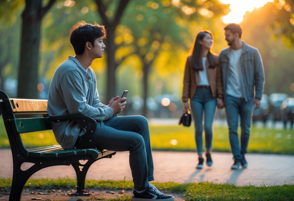 A young adult sitting alone on a park bench looking thoughtful while a happy couple walks together in the background.