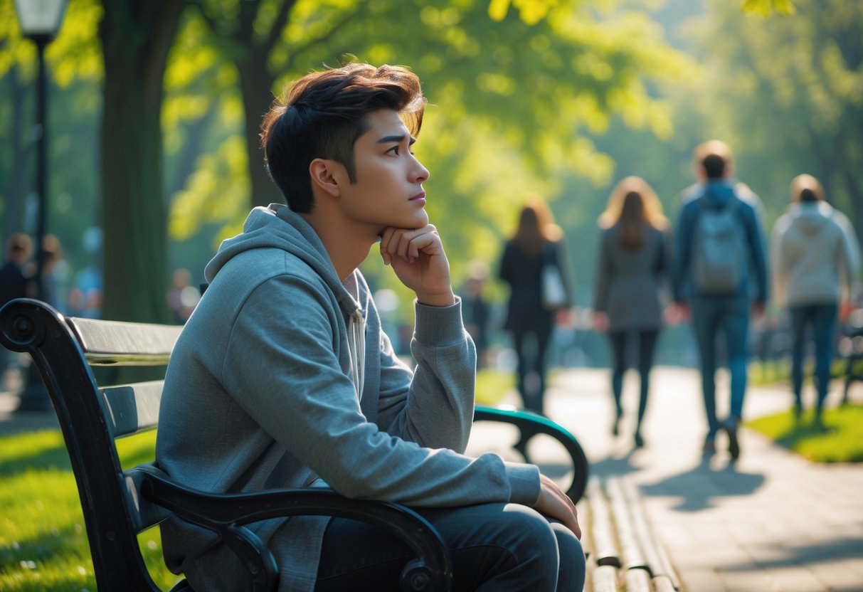 A young adult sitting alone on a park bench looking thoughtful while people in the background walk and talk in pairs.