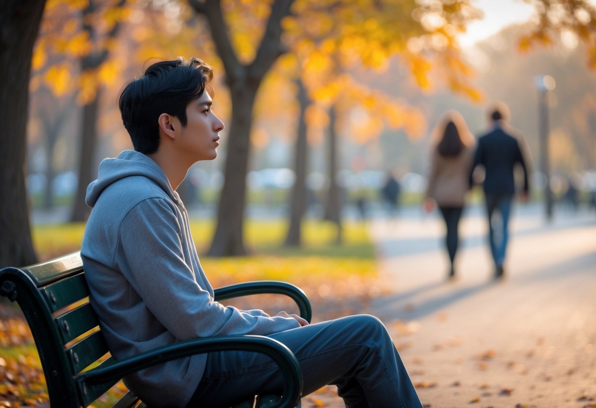 A young adult sitting alone on a park bench looking thoughtfully into the distance with couples walking in the background.