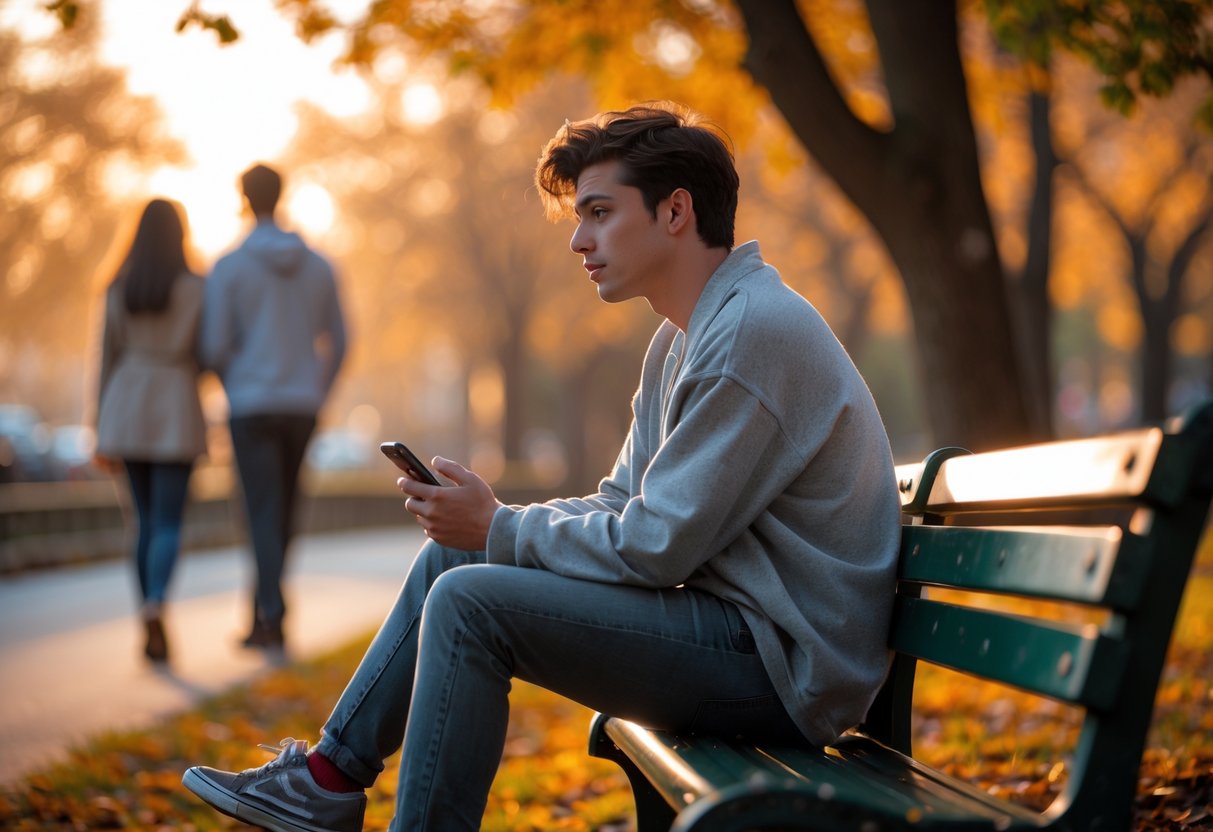 A young adult sitting alone on a park bench looking thoughtful while a couple walks hand-in-hand in the background.