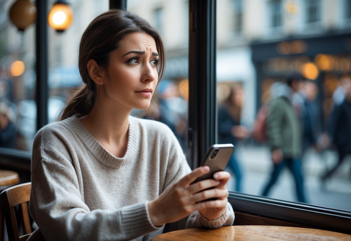 A young woman sitting alone at a café table, looking thoughtfully at her smartphone while gazing out the window.