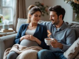 A couple in a living room where the woman is holding a hot water bottle and the man is offering her a cup of tea, showing care and support.