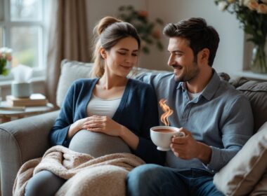 A couple in a living room where the woman is holding a hot water bottle and the man is offering her a cup of tea, showing care and support.