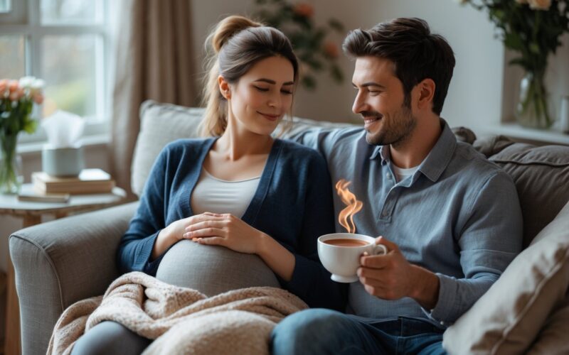 A couple in a living room where the woman is holding a hot water bottle and the man is offering her a cup of tea, showing care and support.