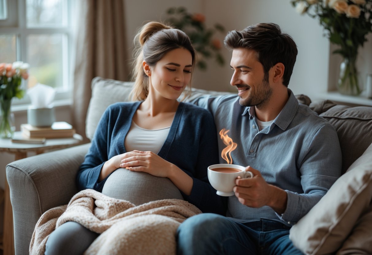 A couple in a living room where the woman is holding a hot water bottle and the man is offering her a cup of tea, showing care and support.