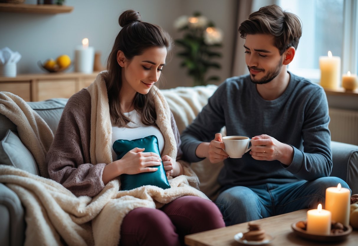 A young couple in a living room, the woman sitting with a hot water bottle on her abdomen looking a bit uncomfortable, while the man offers her a cup of tea with a caring expression.