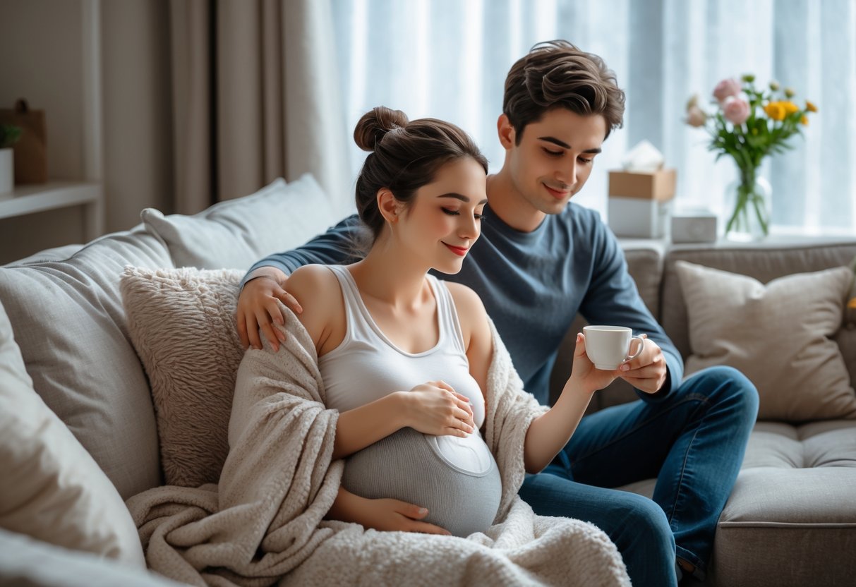 A young couple in a living room, with the woman wrapped in a blanket holding a hot water bottle and the man offering her a cup of tea.