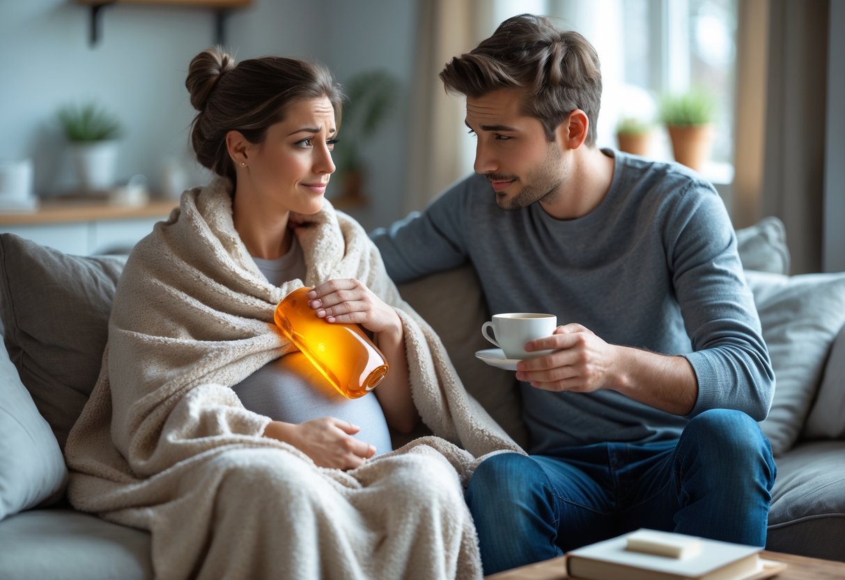 A young couple in a living room where the woman looks uncomfortable holding a hot water bottle and the man offers her a cup of tea supportively.