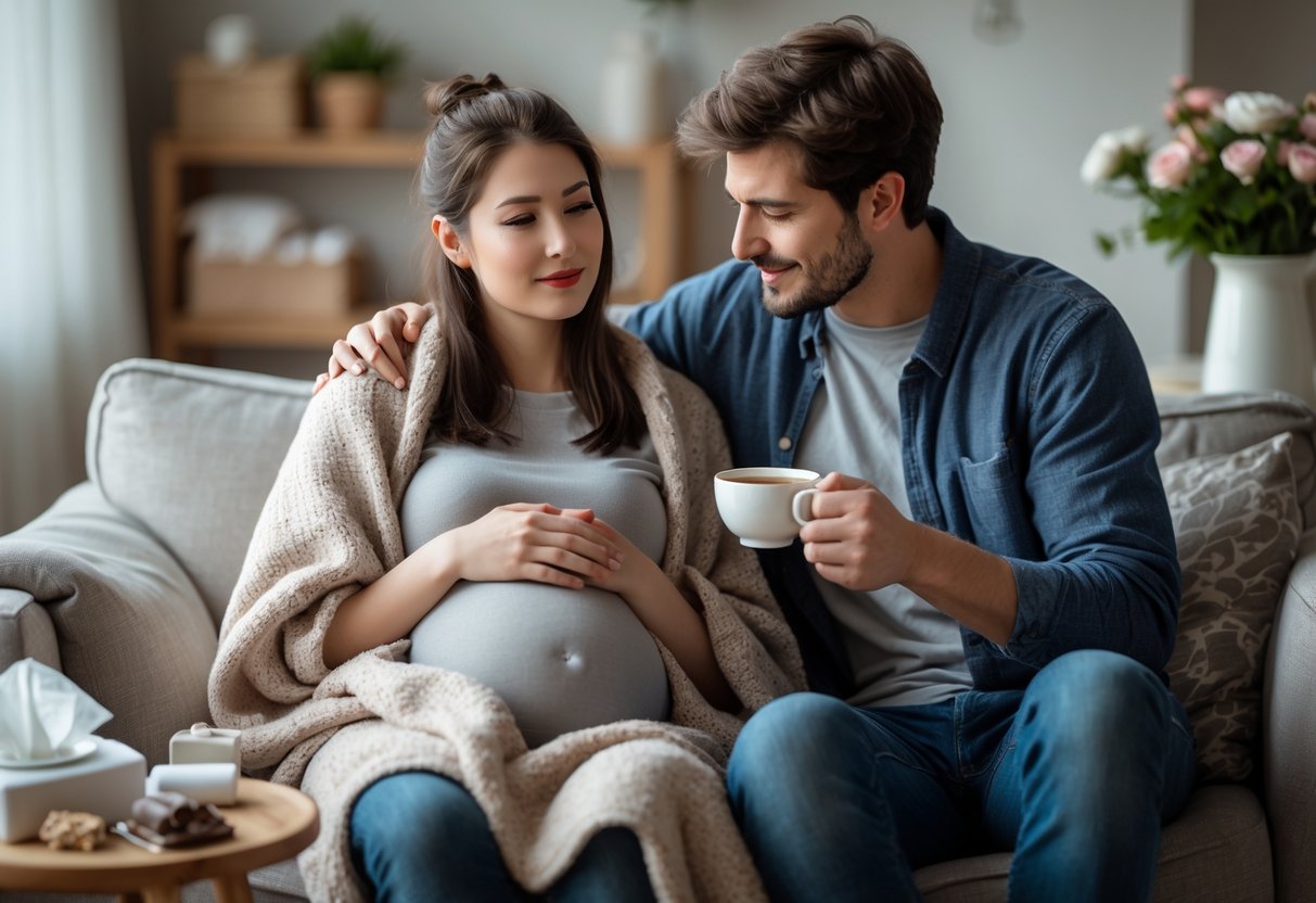 A couple sitting together in a living room, the woman holding a hot water bottle and the man offering her a cup of tea, showing care and support.