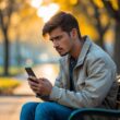 A young man sitting alone on a park bench looking worriedly at his smartphone.
