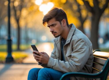 A young man sitting alone on a park bench looking worriedly at his smartphone.