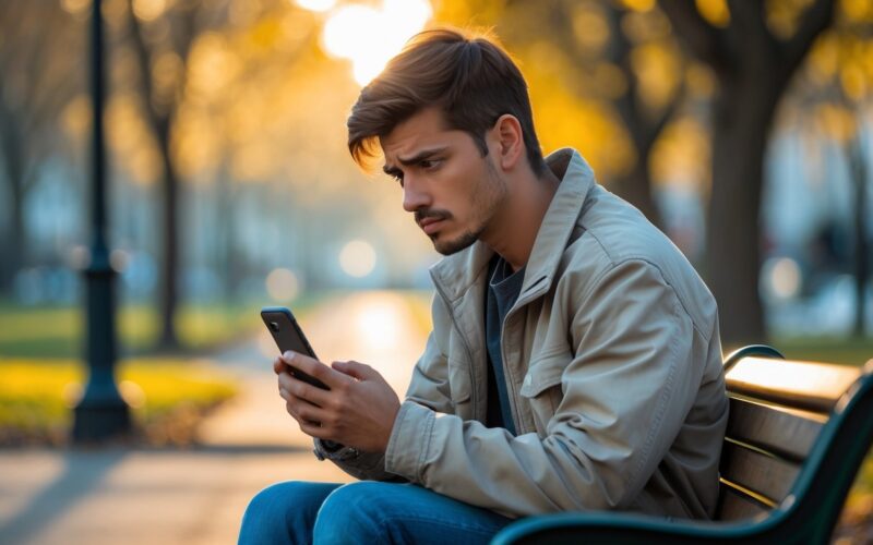 A young man sitting alone on a park bench looking worriedly at his smartphone.