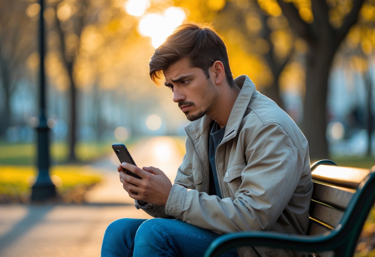 A young man sitting alone on a park bench looking worriedly at his smartphone.