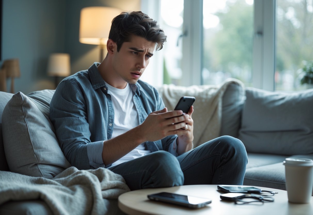 A young man sitting alone on a couch looking at his smartphone with a worried expression in a living room.