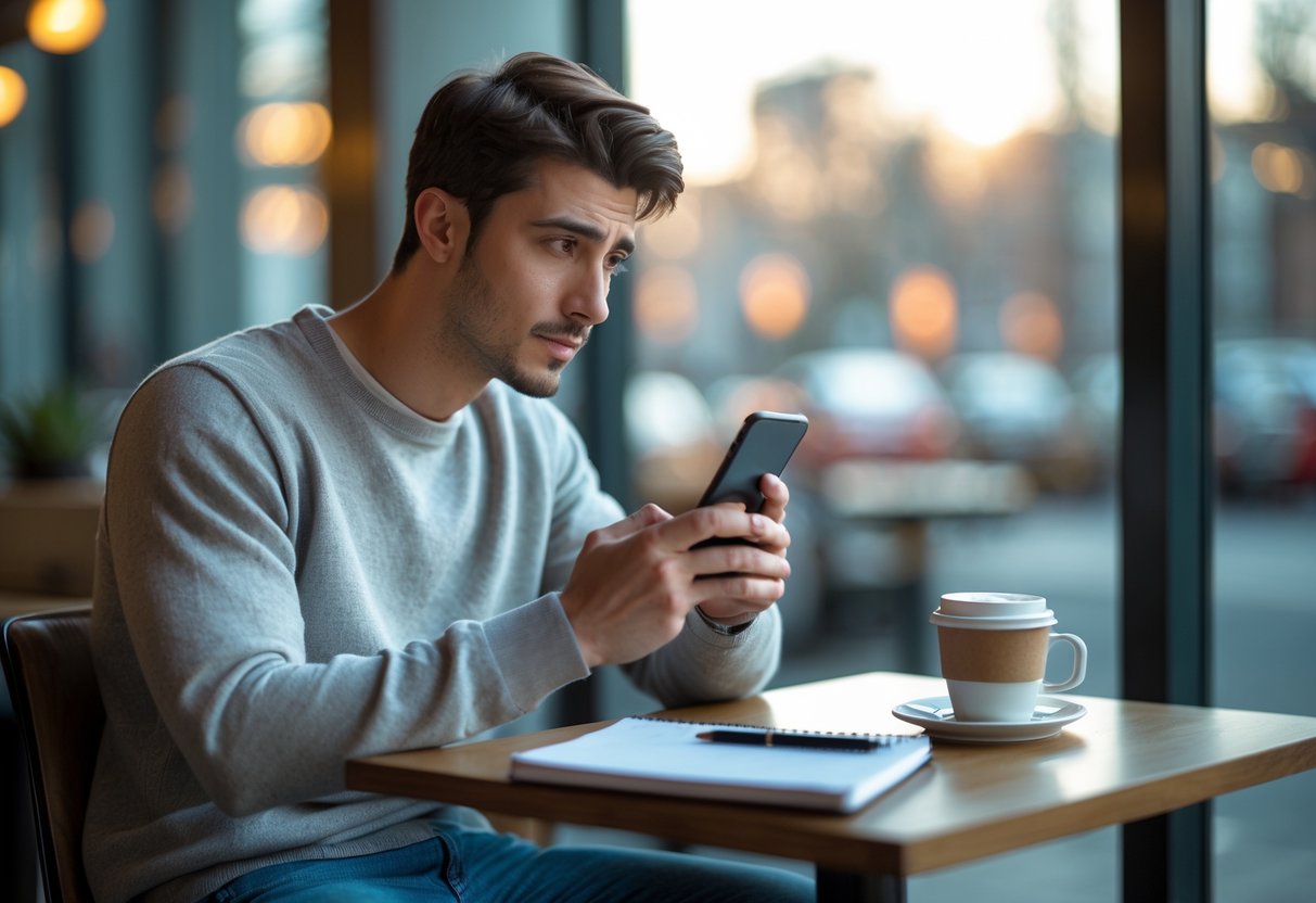 A young man sitting alone at a cafe table, looking thoughtfully at his smartphone with a concerned expression.