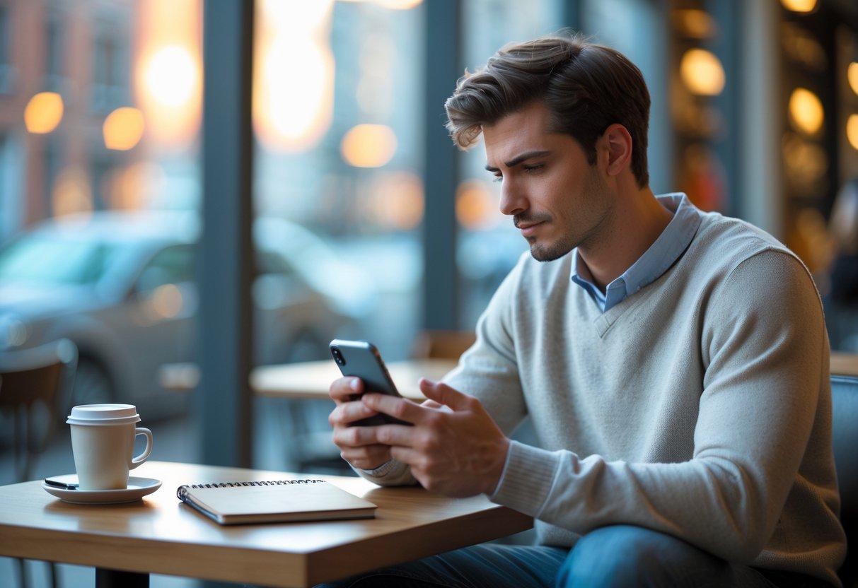 A young man sitting alone at a coffee shop table, looking thoughtfully at his smartphone with a cup of coffee and notebook nearby.