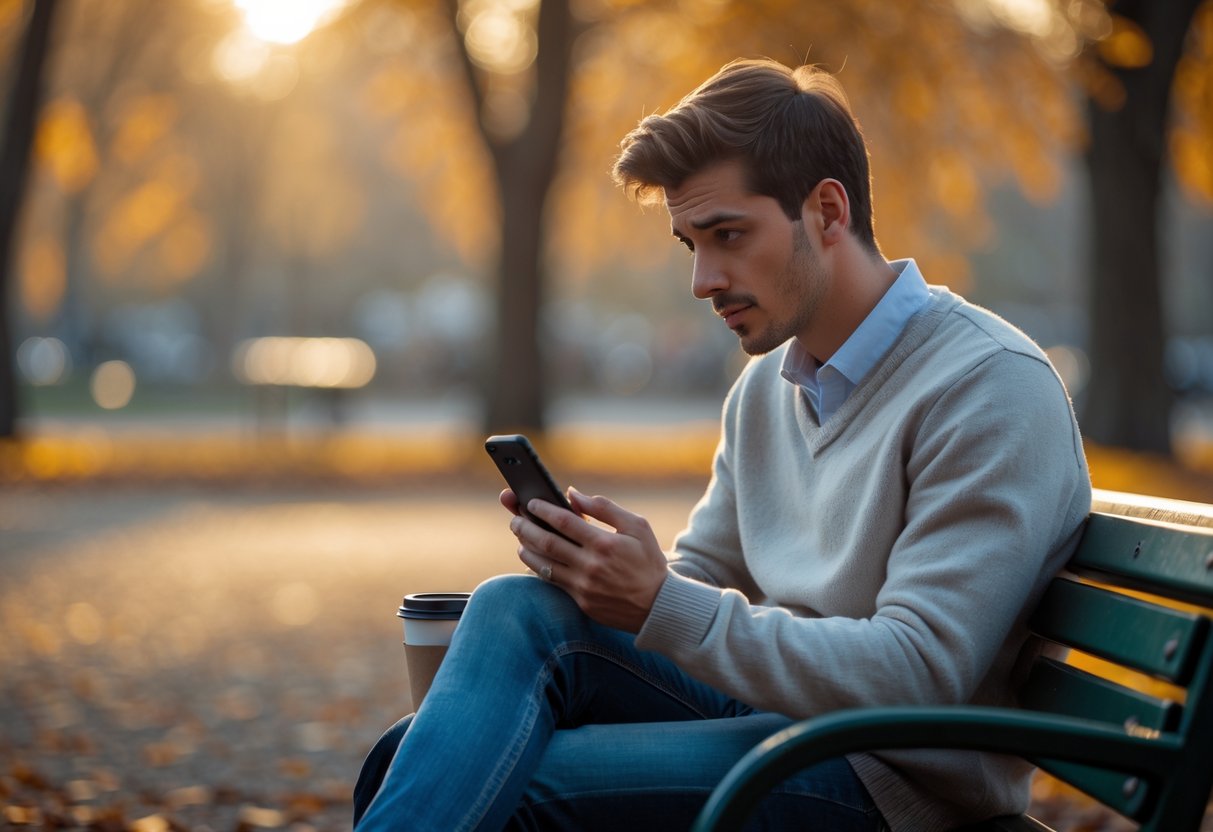 A young man sitting alone on a park bench looking thoughtfully at his smartphone during late afternoon.