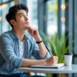 A young adult sitting at a café table, thoughtfully looking upward with a notebook and pen in front of them.