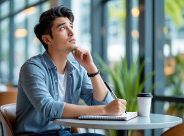 A young adult sitting at a café table, thoughtfully looking upward with a notebook and pen in front of them.