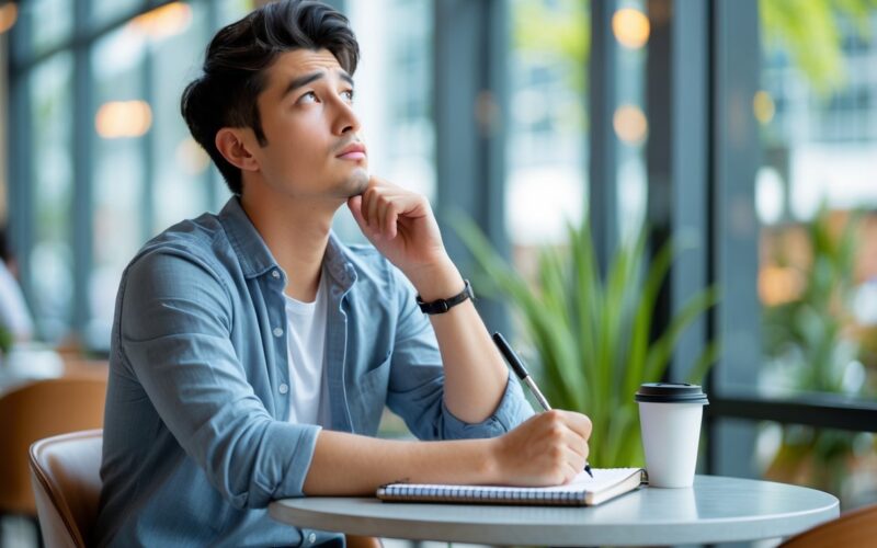A young adult sitting at a café table, thoughtfully looking upward with a notebook and pen in front of them.