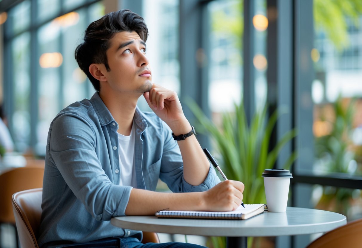 A young adult sitting at a café table, thoughtfully looking upward with a notebook and pen in front of them.