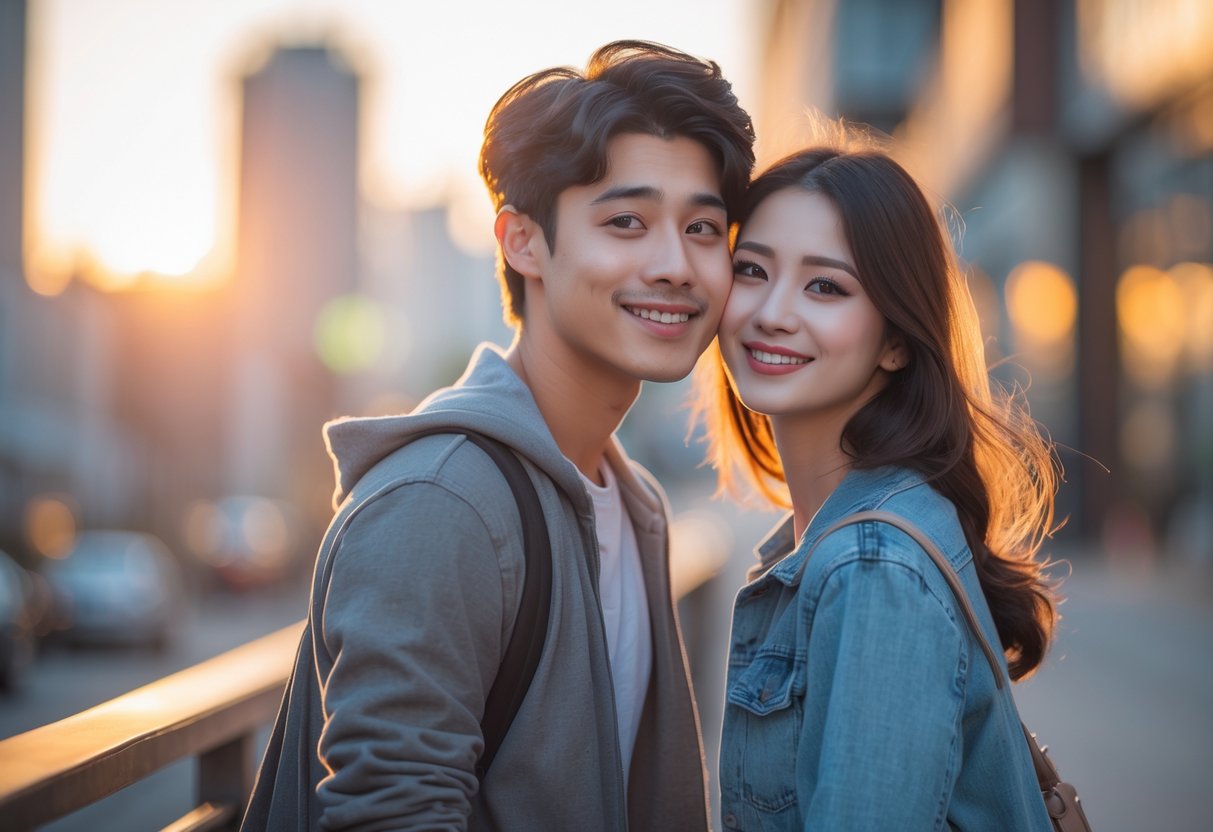 A young man and woman smiling shyly at each other outdoors in a city setting during sunset.