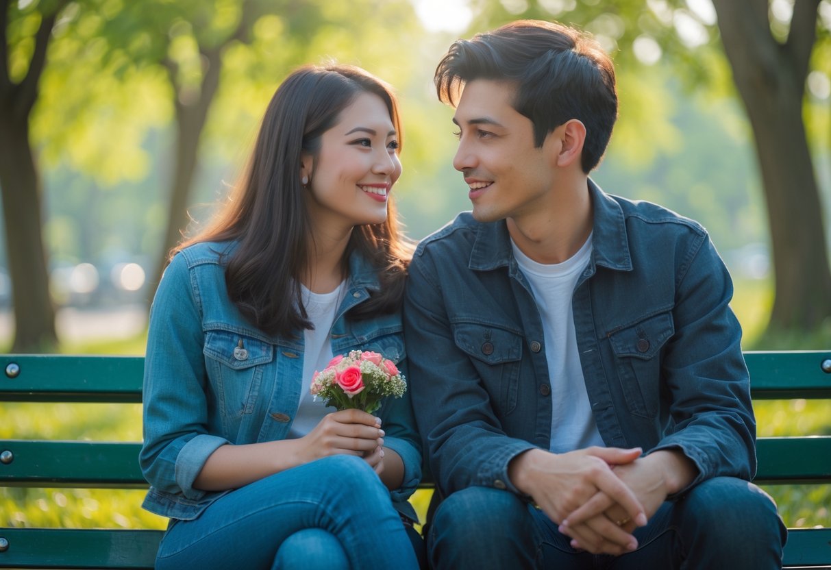 A young woman and man sitting on a park bench smiling at each other with flowers in hand on a sunny day.