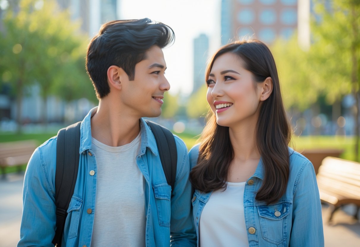 A man and woman standing together in a park, the man looking at the woman with admiration and the woman smiling warmly.