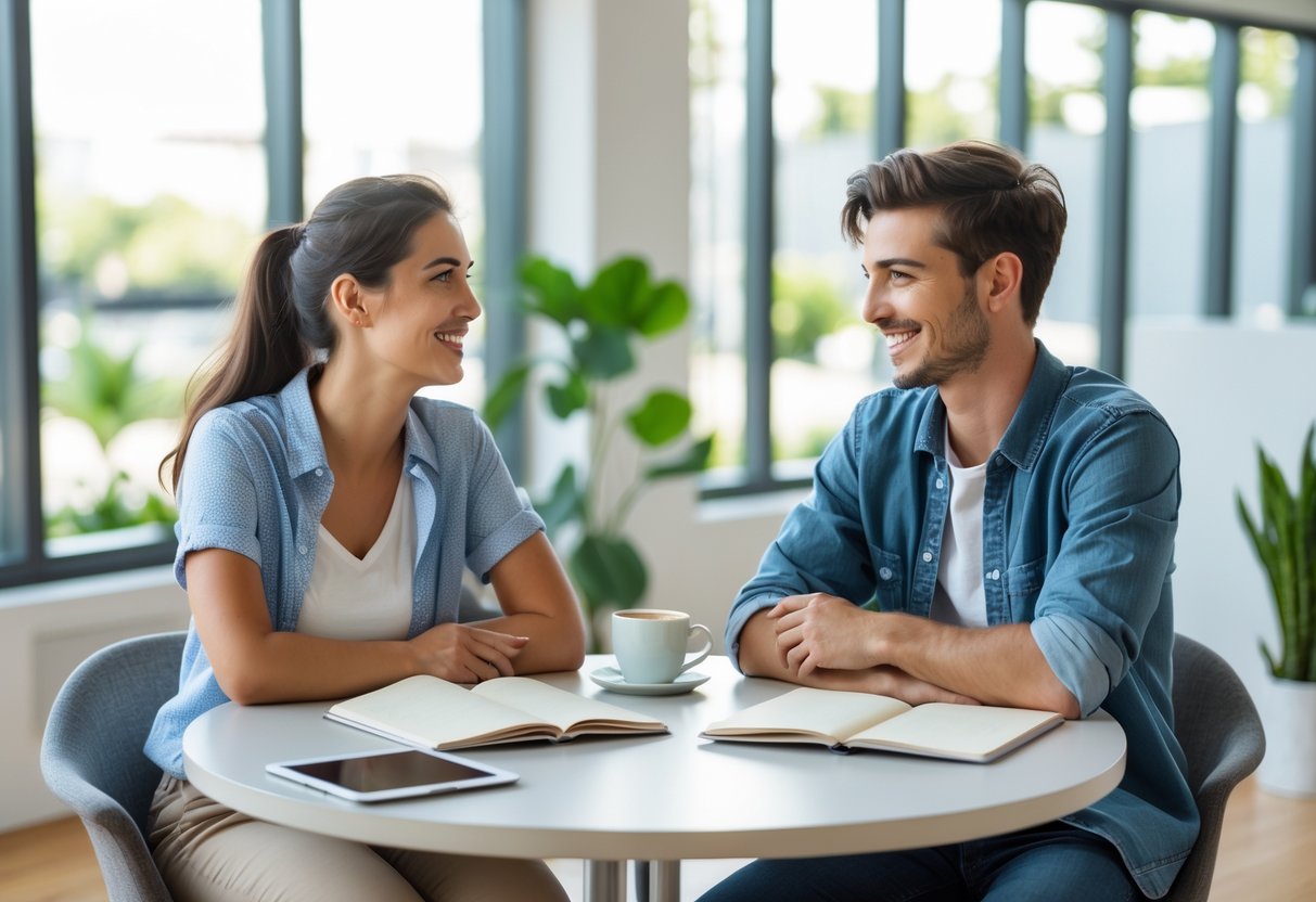 Two young adults sitting at a table in a bright office, talking and smiling during a friendly conversation.