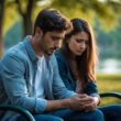 A young couple sitting on a park bench, holding hands with sad and thoughtful expressions.