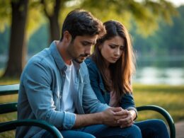 A young couple sitting on a park bench, holding hands with sad and thoughtful expressions.