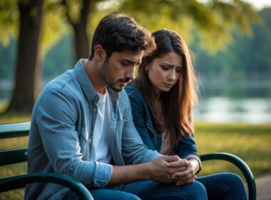 A young couple sitting on a park bench, holding hands with sad and thoughtful expressions.