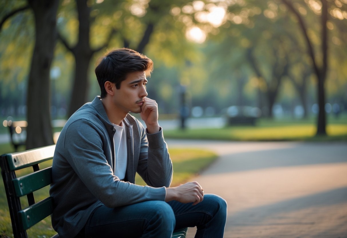 A young man sitting alone on a park bench looking thoughtful and sad.