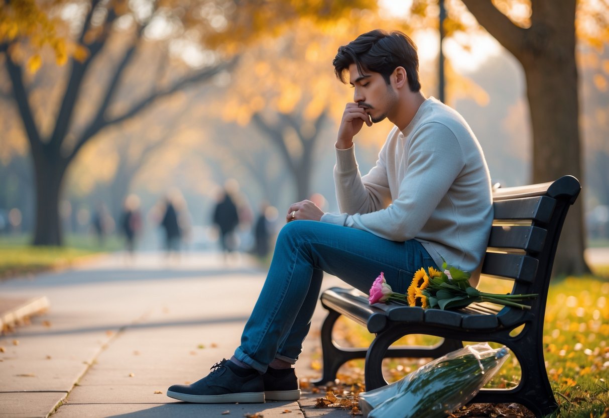 A young man sitting alone on a park bench looking thoughtful and sad with a bouquet of flowers beside him in a quiet park.