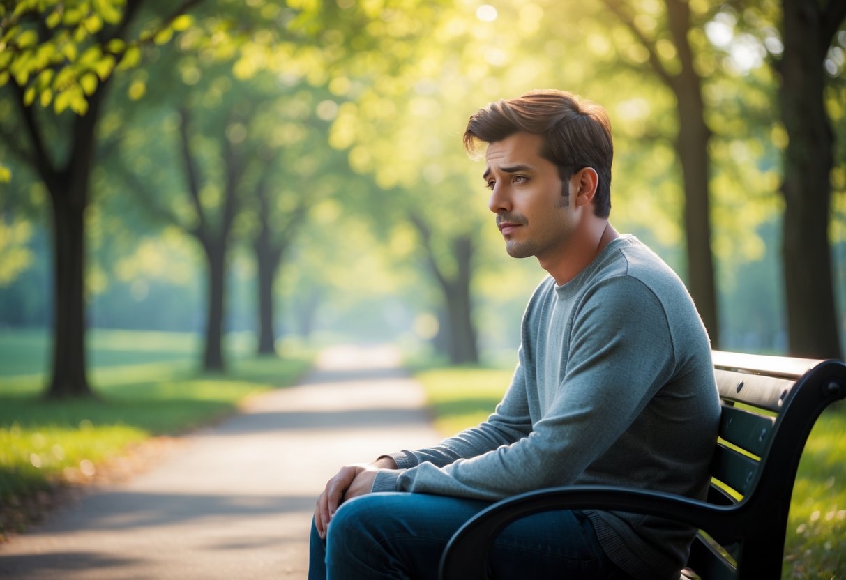 A young man sitting alone on a park bench, looking thoughtful and hopeful on a sunny day with trees and a path in the background.