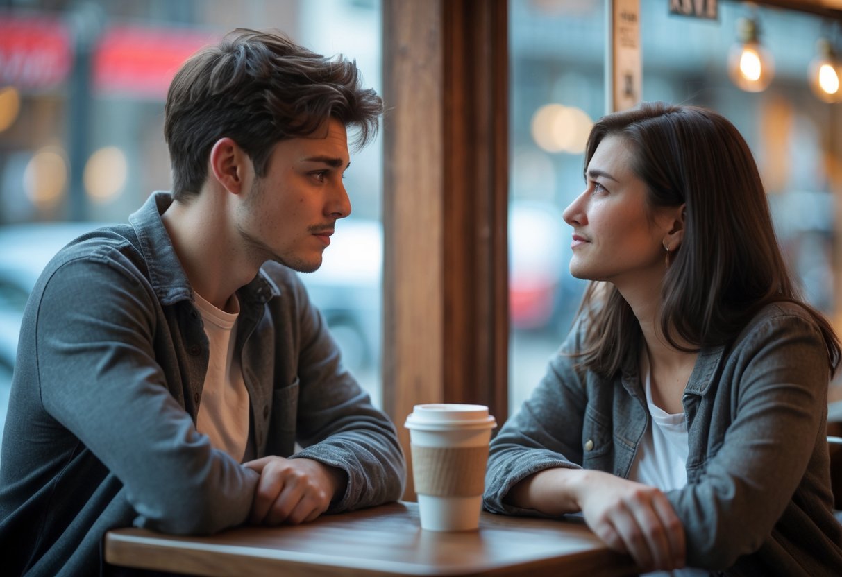 A young man and woman sitting across from each other at a table, looking serious and thoughtful during a difficult conversation.
