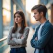 A young couple standing close in a city setting, the woman looking concerned while the man talks to another person nearby.
