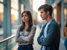 A young couple standing close in a city setting, the woman looking concerned while the man talks to another person nearby.