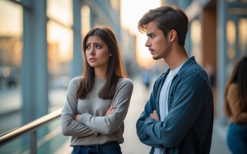 A young couple standing close in a city setting, the woman looking concerned while the man talks to another person nearby.