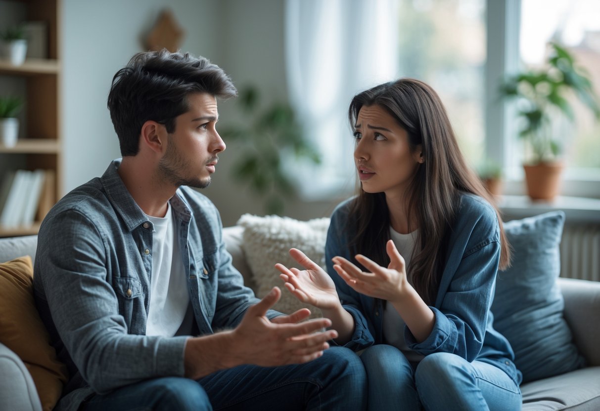 A man and a woman sitting on a sofa in a living room having a serious and empathetic conversation.
