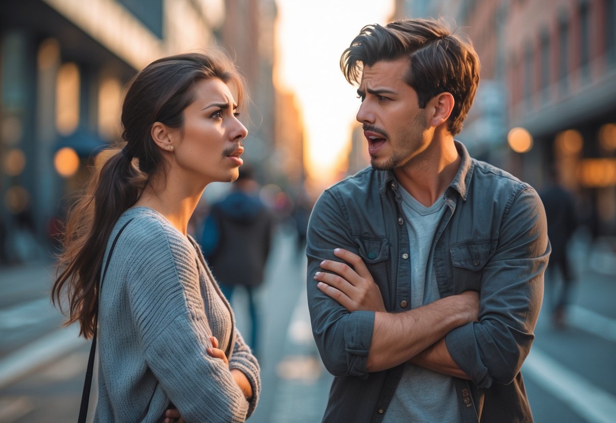 A young woman looking away with a conflicted expression while a man beside her appears jealous and frustrated on a city street.
